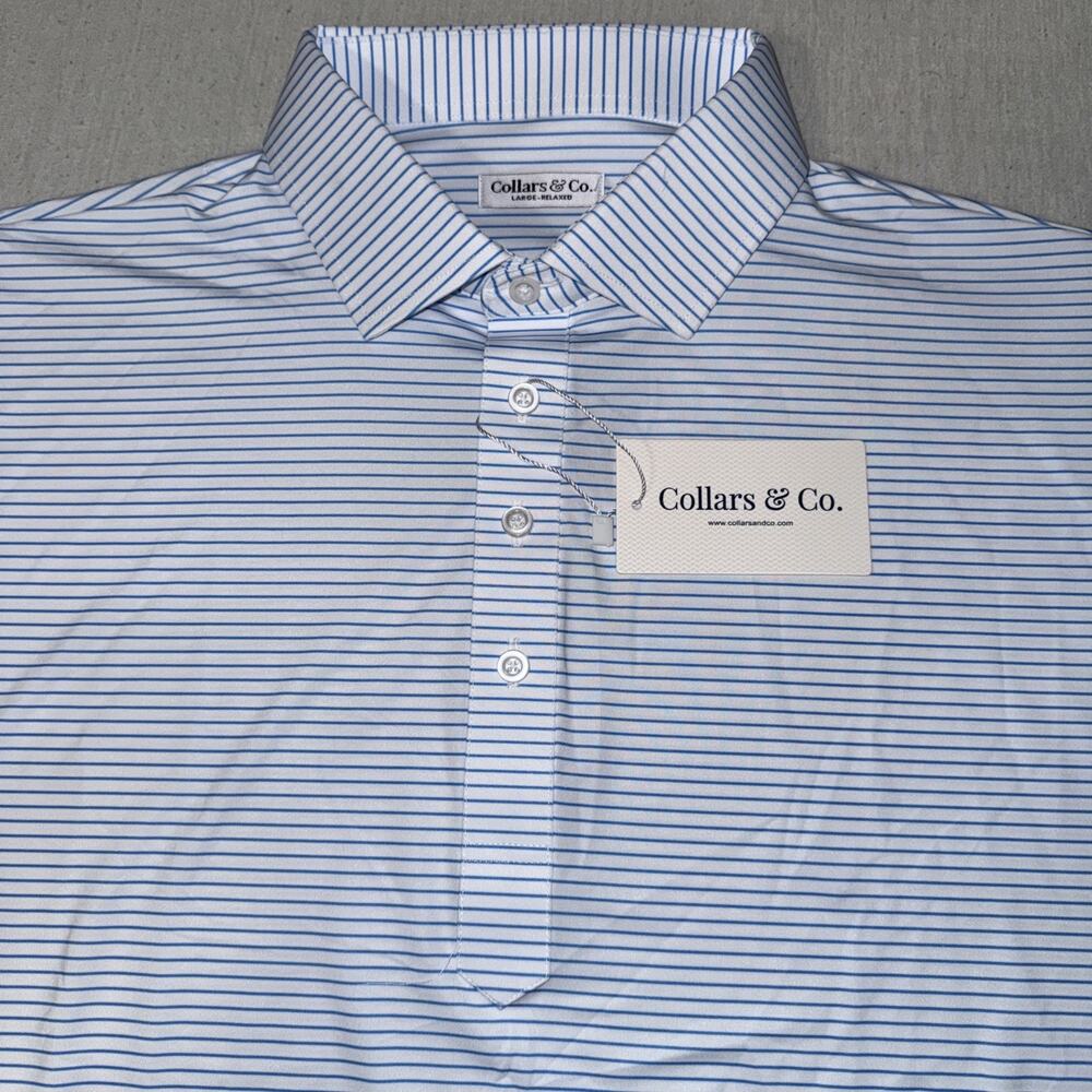 Collars and Co Golf Polo White Blue Stripe Sz Large Relaxed Preppy New With Tags